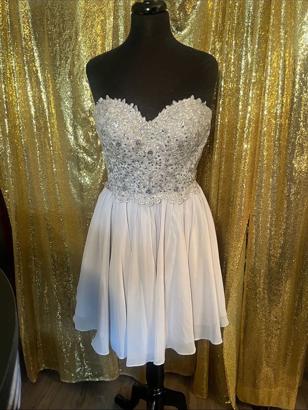 Embellished Strapless Cocktail Dress in Light Silver